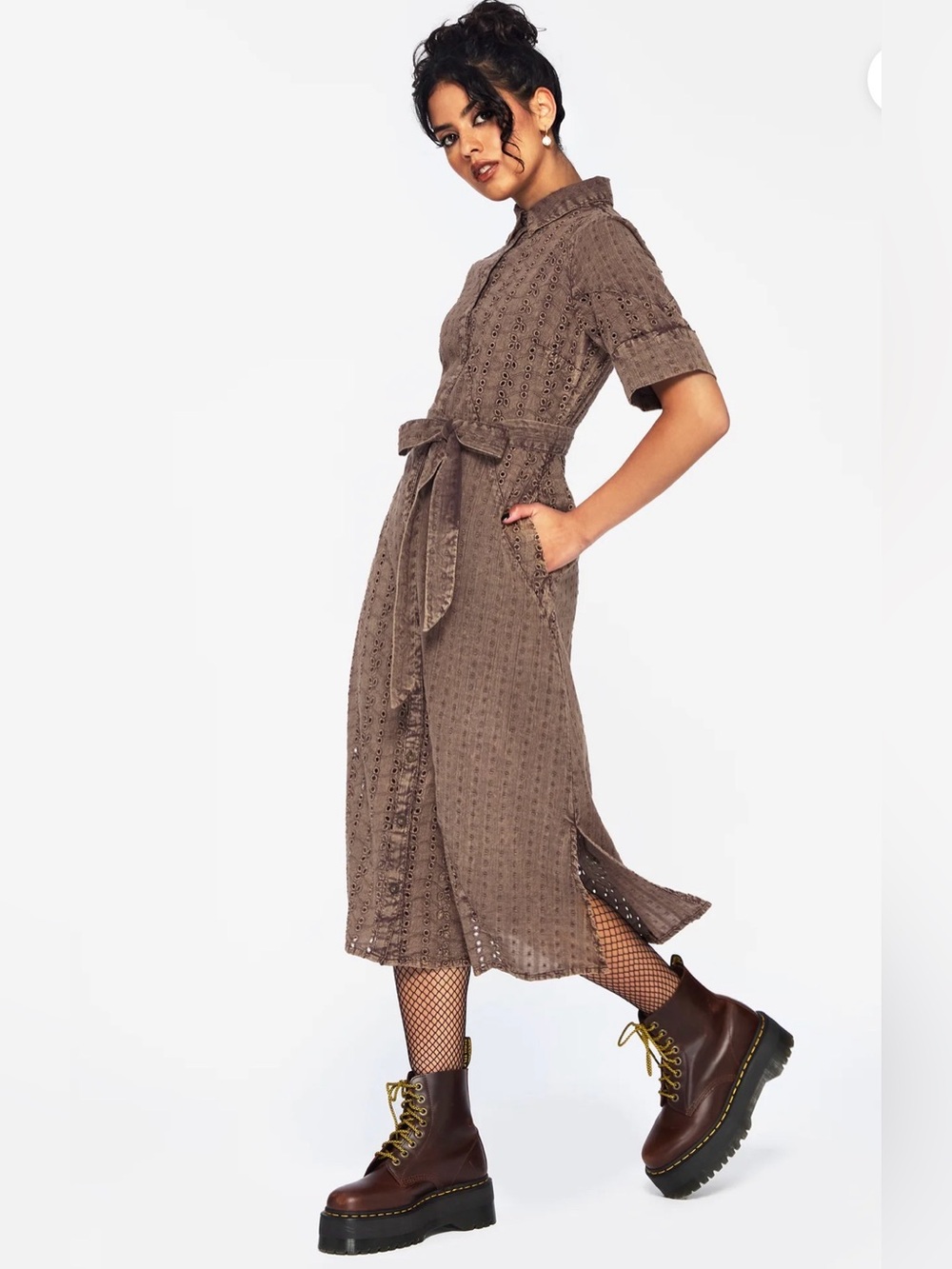 NWT Disturbia Summerisle Cotton Broderie Detail Tie Wrap Midi Shirt Dress size 8